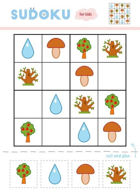 Sudoku per gioco educativo per bambini set di cartoni animati di oggetti della natura usa forbici e colla