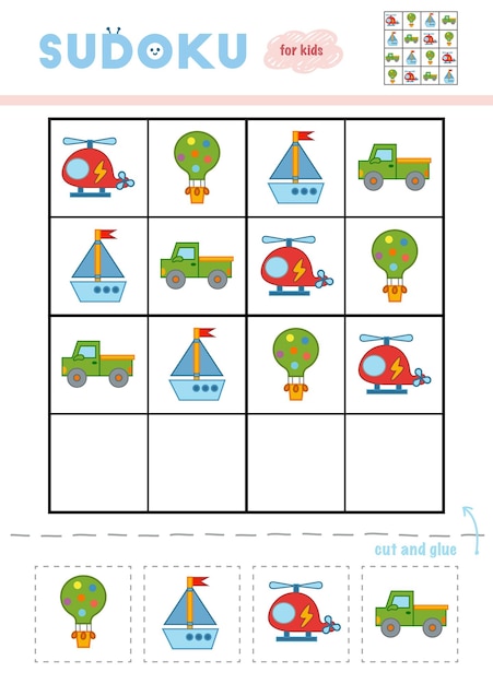 Sudoku per gioco educativo per bambini set di cartoni animati di oggetti di trasporto usa forbici e colla