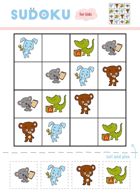 Sudoku per gioco educativo per bambini set di personaggi dei cartoni animati usa forbici e colla