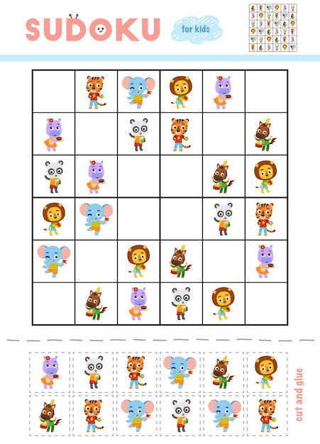어린이 교육 게임을 위한 스도쿠 만화 캐릭터 세트 가위와 풀 사용