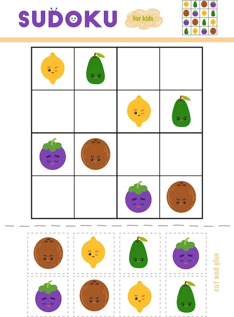 子供向けの数独教育ゲーム果物のセットはさみと接着剤を使用して不足している要素を埋めます