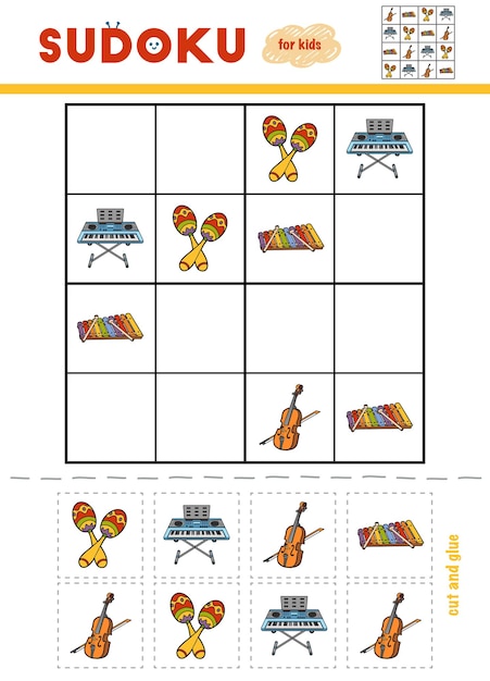 Судоку для детской развивающей игры Набор музыкальных инструментов Используйте ножницы и клей