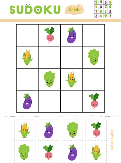 Sudoku per il gioco educativo dei bambini set di verdure con facce buffe usa forbici e colla