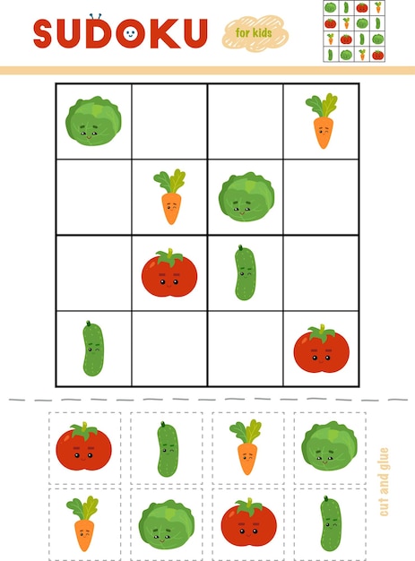 Sudoku for children education paper game set of vegetables with funny faces