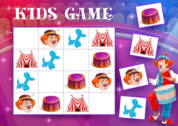 Sudoku doolhof kinderspel met circusclowns en chapiteau-items. kinderen onderwijs blok vector puzzel, raadsel of geheugen quiz, logica spel sjabloon van shapito grote tenten, clowns, ballonnen en sokkels