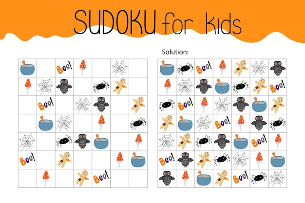 Sudoku educational worksheet printable grid Halloween topical vocabulary puzzle with its solution