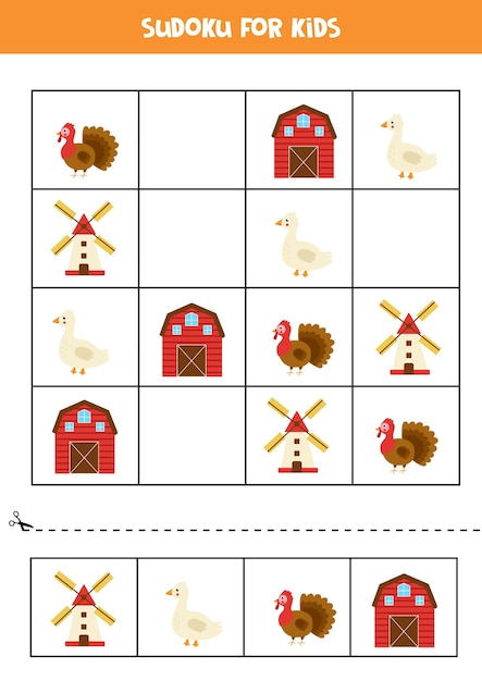 Судоку для детей дошкольного возраста. логическая игра с милыми сельскохозяйственными животными.