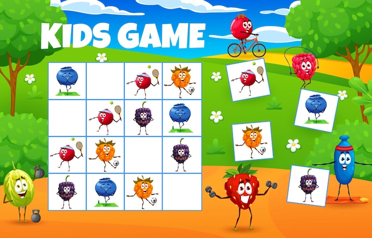 Vector sudoku game of berry characters on summer vacation