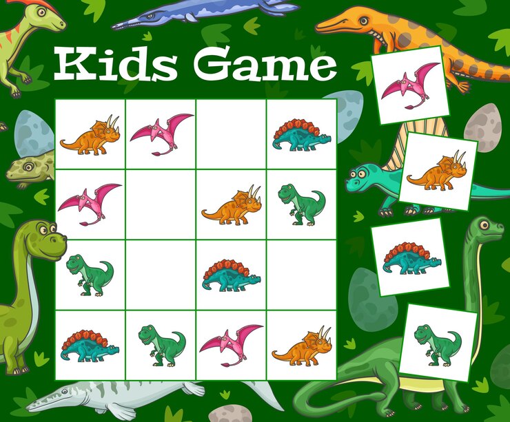 Vector sudoku game cartoon dinosaurs and eggs kid riddle