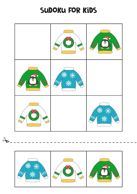 크리스마스 스웨터를 입은 아이들을 위한 스도쿠 게임.