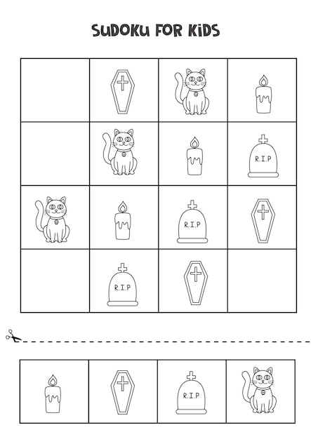 Судоку для детей с милыми черно-белыми картинками на хэллоуин