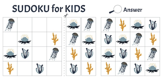 Игра судоку для детей с изображениями морских животных детский лист активности векторная иллюстрация мультяшном стиле