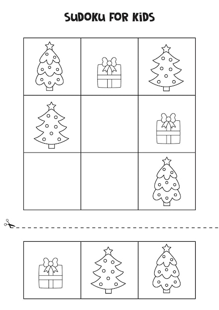 Sudoku game for kids with christmas pictures. black and white.