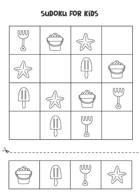 Gioco di sudoku per bambini con simpatici elementi estivi in bianco e nero.