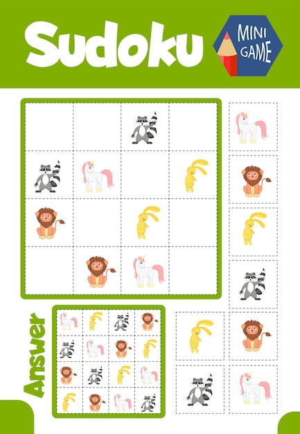 Sudoku game for kids with pictures and animals. Children sheets. Learning logic, educational game