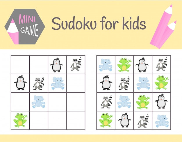 Vettore gioco di sudoku per bambini con foto e animali