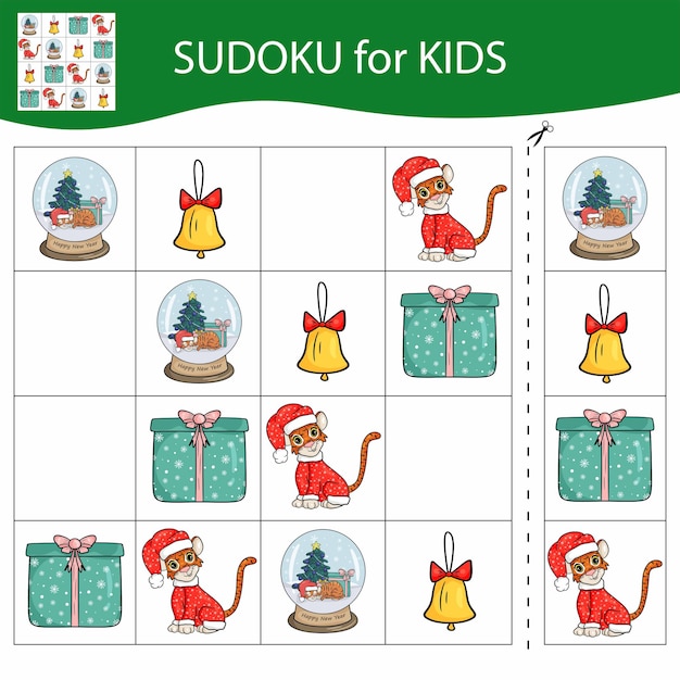 Sudoku game for kids with pictures. Merry Christmas and Happy New Year. The tiger is a symbol of the Chinese New Year with Christmas elements. Vector.