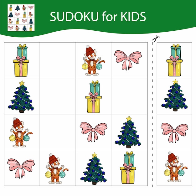 Sudoku game for kids with pictures. Merry Christmas and Happy New Year. The tiger is a symbol of the Chinese New Year with Christmas elements. Vector.