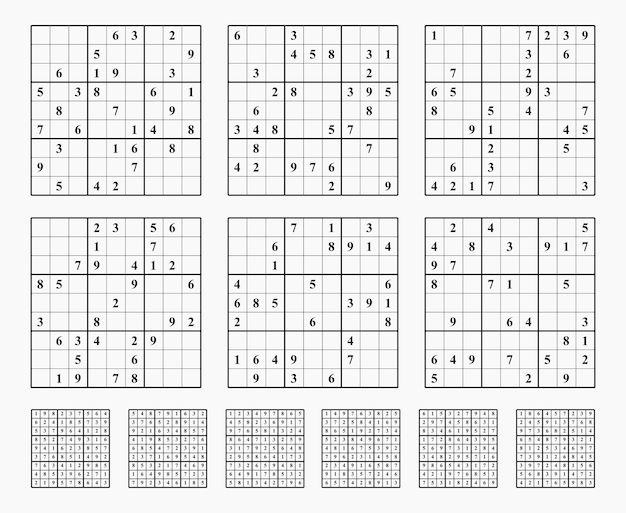 Vettore set di giochi sudoku con risposte disegno vettoriale semplice modello vuoto