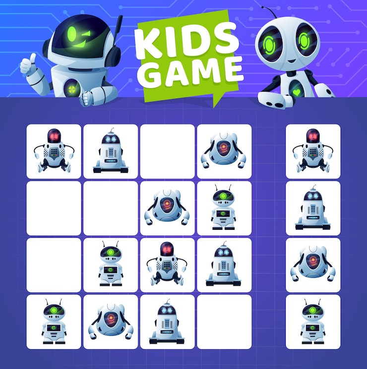 Vector sudoku game with cartoon robots and droids. vector kids education block puzzle game, logic riddle or maze on circuit board background with modern white robots, artificial intelligence robots, androids