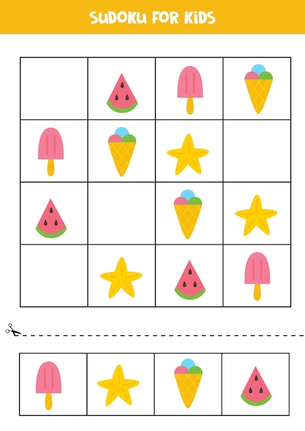 Sudoku game with cute summer elements for preschool kids