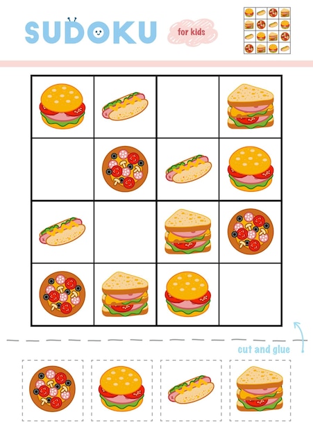 Sudoku for kid education game Cartoon food set Use scissors and glue to fill the missing elements