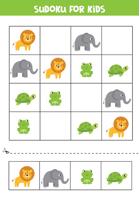 Sudoku for kids. Cards with elephant, lion, turtle, frog.