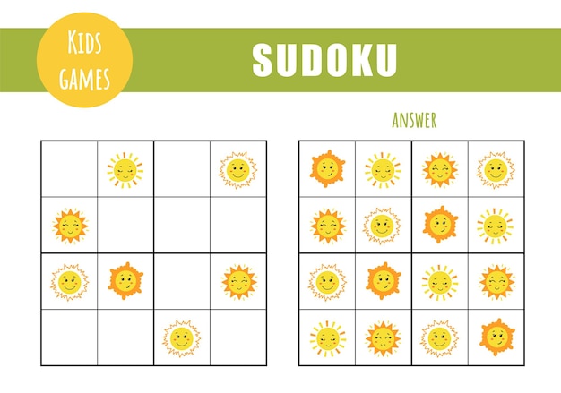 Vector sudoku for kids children activity sheet puzzle game with cute suns