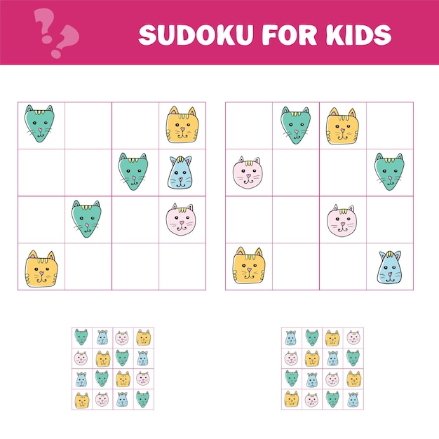 Sudoku per bambini. foglio di lavoro per lo sviluppo dell'istruzione. pagina delle attività con immagini. gioco di puzzle per bambini e neonati. formazione logica. gatti cartoon