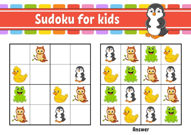 Sudoku per bambini istruzione in via di sviluppo foglio di lavoro personaggio dei cartoni animati pagina attività a colori gioco di puzzle per bambini