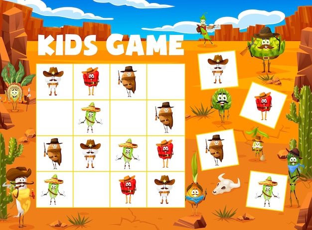 Sudoku kids game cartoon cowboy sheriff and robber vegetable characters vector puzzle Potato cowboy onion western ranger with olive and horseradish sheriff on Western game of sudoku puzzle quiz