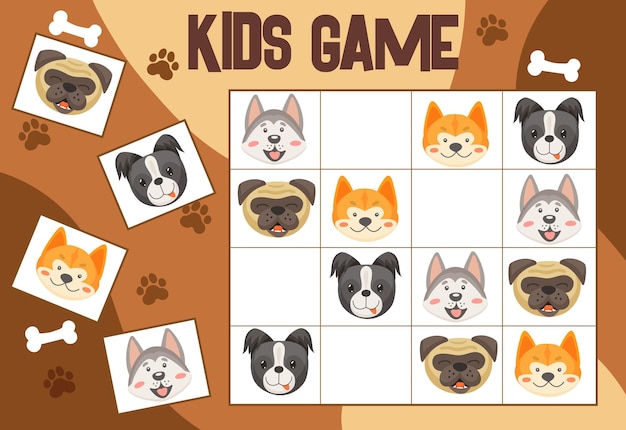 Sudoku gioco per bambini con cani e cuccioli, indovinello con teste di personaggi dei cartoni animati alla pecorina sulla scacchiera. compito educativo, teaser per bambini per attività nel tempo libero, gioco da tavolo per il tempo libero per la ricreazione
