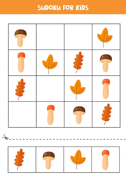 Sudoku for kids with autumn mushrooms and leaves.