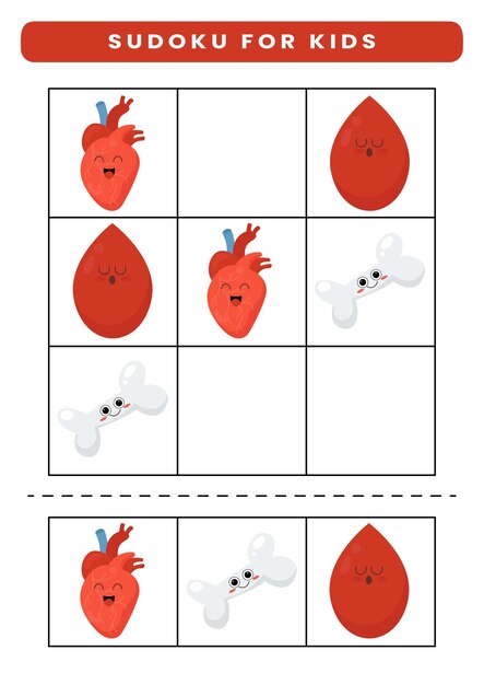 Sudoku per bambini con anatomia umana dei cartoni animati e foglio di lavoro per organi per bambini