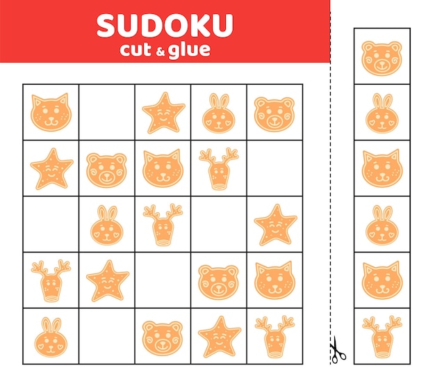 Sudoku for kids with gingerbread animals. Christmas cookie. Sudoku for children. Cut and glue