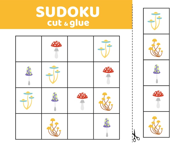 Sudoku for kids with poisonous mushrooms Halloween sudoku game Cut and glue Cartoon