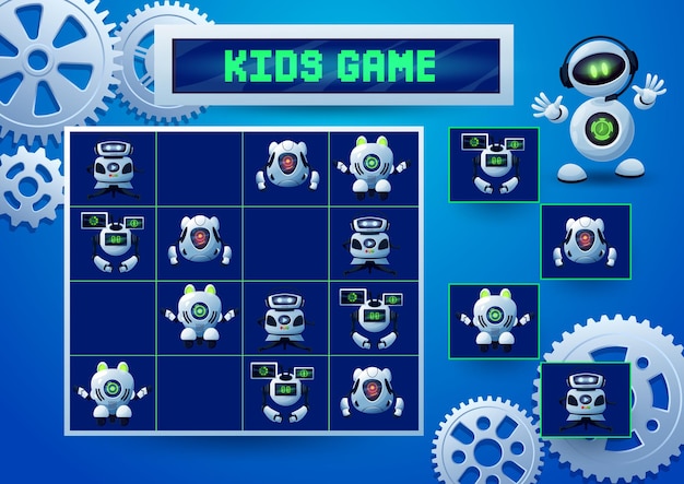 Sudoku kinderspel met robots, tandwielen en tandwielen. onderwijsspel, logische blokpuzzel of raadsel, vectorgeheugendoolhof of test met cartoonrobots en droids, kunstmatige intelligentiebots, androïden