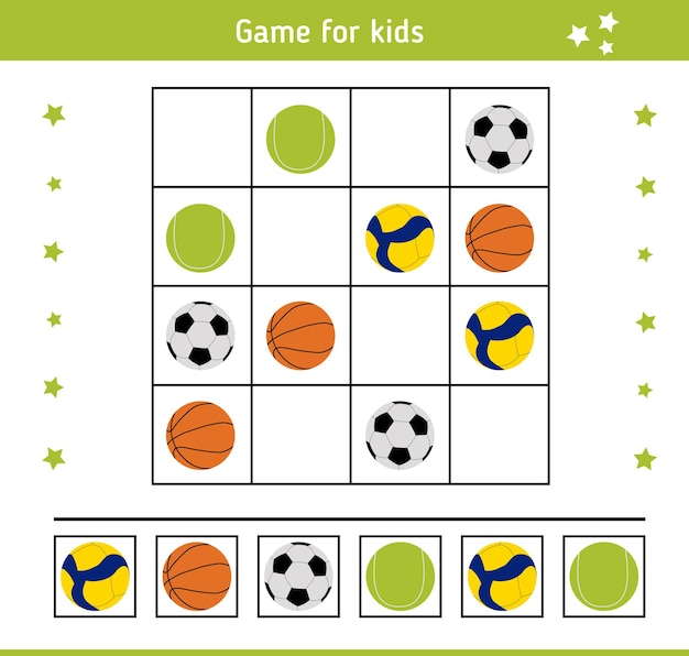 Sudoku met ballen voor verschillende sportspellen Kinderen educatief spel logische taak raadsel quiz