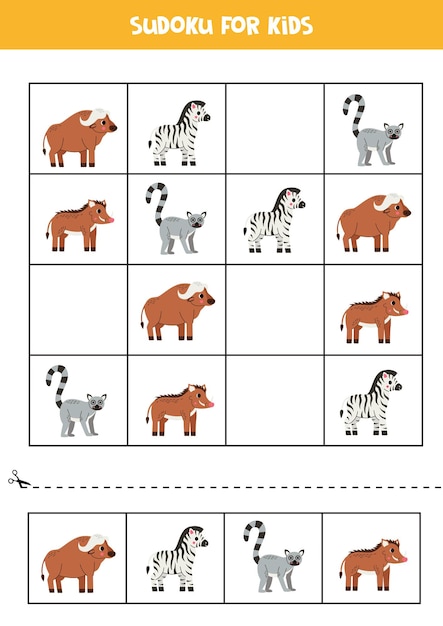 Sudoku met schattige Afrikaanse dieren voor kleuters Educatief werkblad