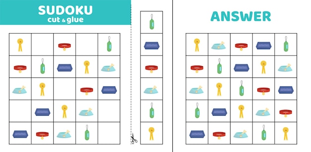 Sudoku met vijf hondenverzorgingsthema's Spelpuzzel voor kinderen Knip en plak Cartoon