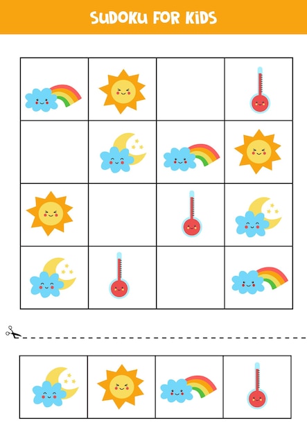 Sudoku per bambini in età prescolare. gioco logico con graziosi elementi meteorologici.