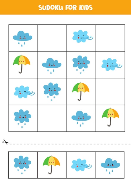 Sudoku for preschool kids. logical game with cute weather elements.