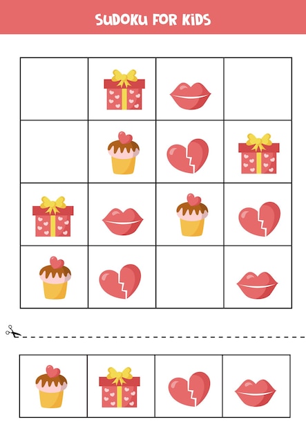 Sudoku puzzle with cute cartoon valentine objects. Logical game for kids.