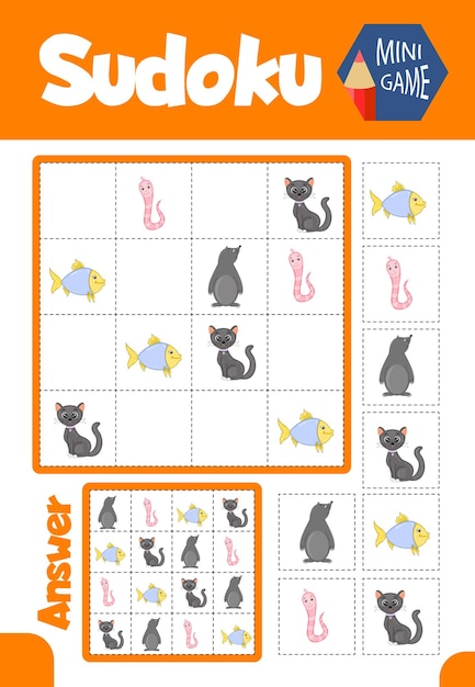 Sudoku-spel voor kinderen met afbeeldingen en dieren. kinderen lakens. logica leren, educatief spel