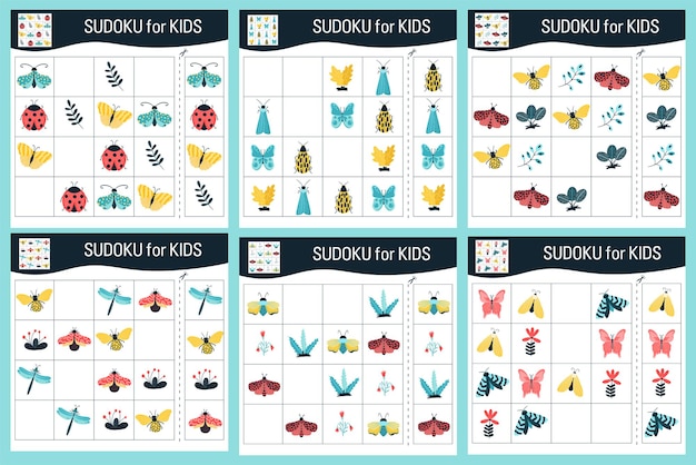 Sudoku-spel voor kinderen met foto's. Cartoon vlinders, insecten en elementen van de natuurlijke wereld. Vector.