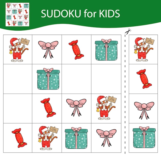 Sudoku-spel voor kinderen met foto's. Vrolijk kerstfeest en een gelukkig nieuwjaar. De tijger is een symbool van het Chinese Nieuwjaar met kerstelementen. Vector.