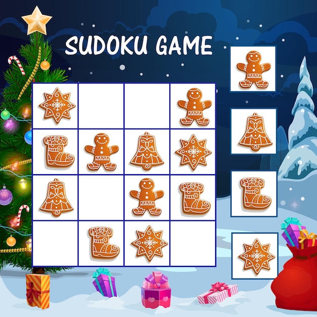 Sudoku-spel voor kinderen met peperkoekkoekjes van kerstmis. werkblad voor educatieve activiteiten voor kinderen, logisch doolhof of spel met snoepjes voor de wintervakantie, versierde kerstboom en geschenkencartoon