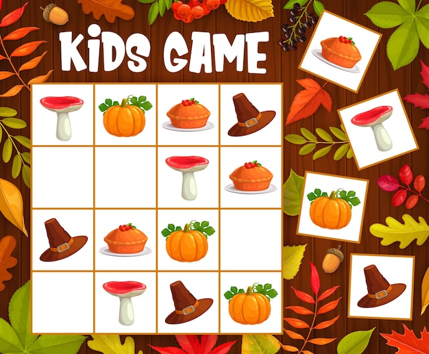 Sudoku-spel voor kinderen met Thanksgiving-herfstobjecten