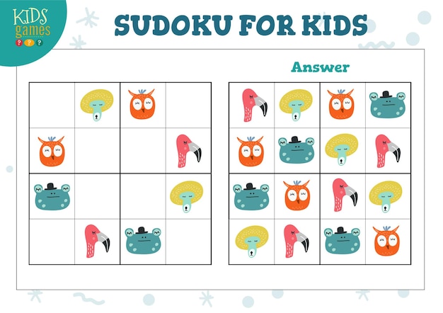 Sudoku voor kinderen met antwoordillustratie.