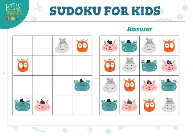 Sudoku voor kinderen met antwoordillustratie